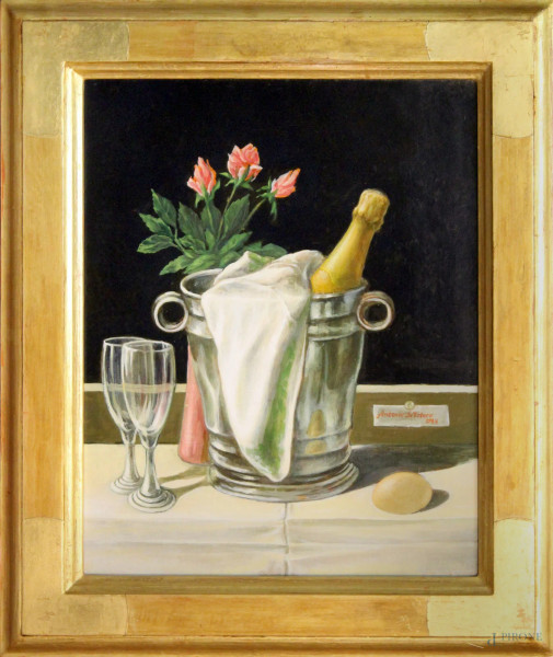 Antonio De Totero - Natura morta, Champagne, olio su tela, cm 50 x 40, entro cornice.