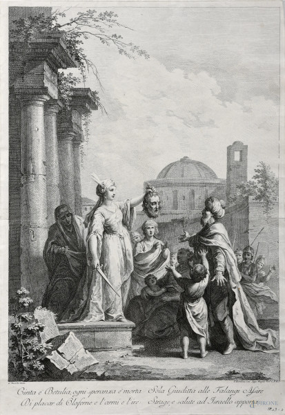 Giuditta con la Testa di Oloferne, incisione di Bartolozzi da G. Zocchi, XIX secolo, cm 58,5x40,5, segni di usura, strappi, tracce di umidità, segni di piegatura, difetti)