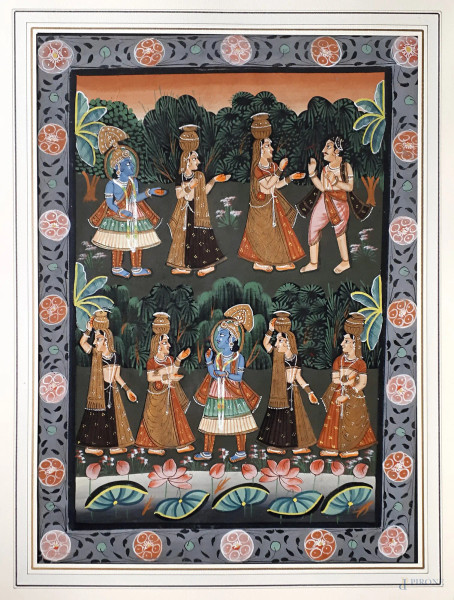Arte orientale, Visita delle ancelle al sultano, grande dipinto su tessuto, cm 45x60