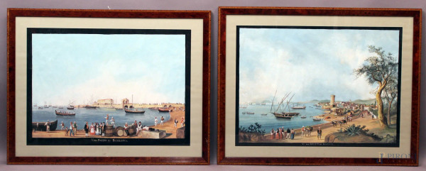 Coppia di guache raffiguranti Golfo di Gaeta e Porto di Barletta 64x84 cm,  XX sec, entro cornici.
