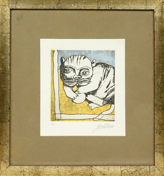 Franco Gentilini - Gatto, prova d'autore a colori, cm 18,5x16, entro cornice.