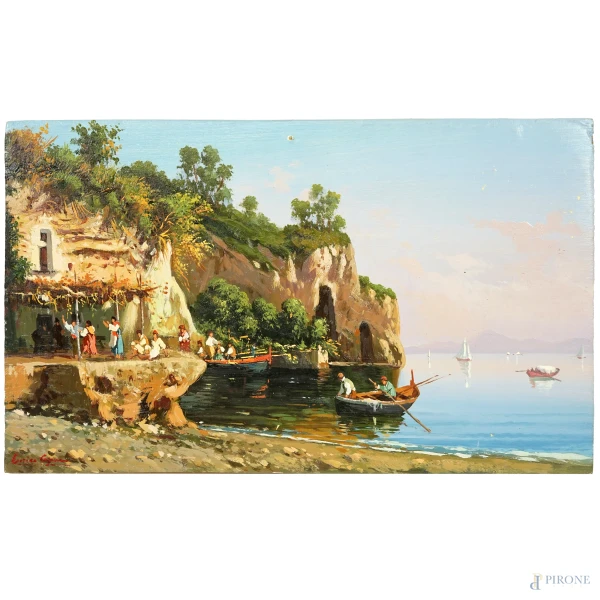 Veduta di Posillipo, olio su tavoletta, firmato in basso a sinistra Enrico Capuano, cm 14,4x23,8 (lievi cadute di colore)