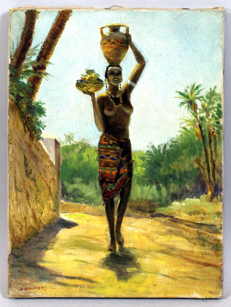 Arnaldo Malpieri - Donna africana, olio su tela, cm 35x25