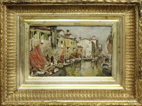 Giordano Felice - Canale di Chioggia, dipinto ad olio su tavola, cm 27 x 38, entro cornice.