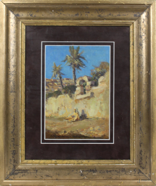 Antonio Calcagnadoro - Paesaggio arabo, olio su cartoncino, cm. 25 x 18, firmato e datato Tripoli 1923, entro cornice.