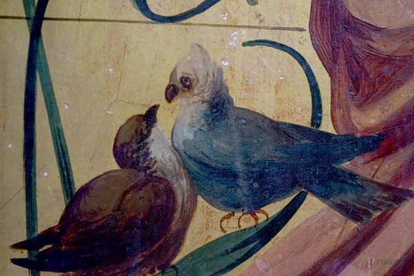 Mobile in stile Liberty in legno impiallacciato con decori floreali incisi e sportello centrale d...