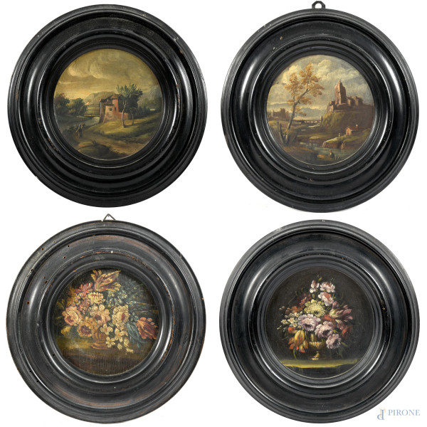 Lotto di quattro dipinti a serto circolare con nature morte e scene di paesaggio, XIX-XX secolo, olio su tavoletta, misure massime diametro cm 12, entro cornice, (difetti)
