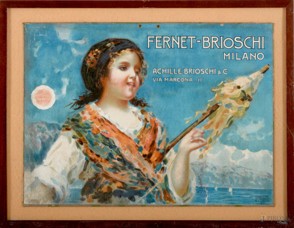 Manifesto pubblicitario Fernet Brioschi Milano, primo XX secolo, cm 35x47, (difetti)