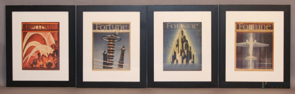 Lotto composto da quattro copertine della rivista americana Fortune (1937 e 1939), cm 34  x 26,5, entro cornice.