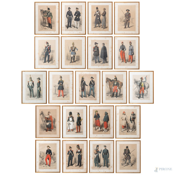 Lotto composto da 21 stampe raffiguranti uomini in uniforme delle forze armate  francesi, XIX-XX secolo, cm 45x34, entro cornice, (segni di usura, foxing, gore, tracce di umidità, difetti)