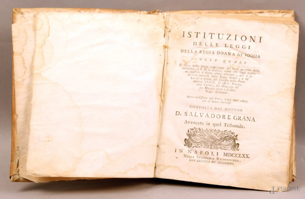 Libro - istruzioni delle leggi ella regia doana di Foggia, Napoli 1770.