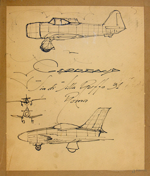 Aeropittore del Novecento, Studio di aerei, inchiostro su cartone, cm 34x29, al retro studio per corrida, firmato