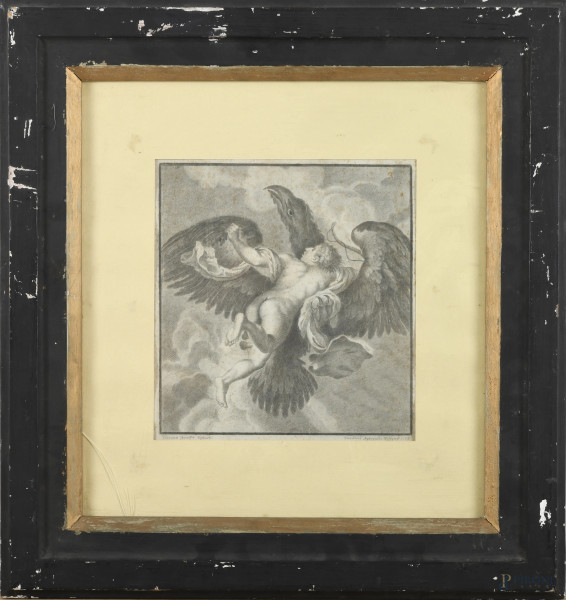 Ratto di Ganimede, disegno a grafite su carta, cm 39x36 compreso passepartout, entro cornice, (segni di usura e di piegatura, ondulazioni della carta, tracce di umidità, difetti)
