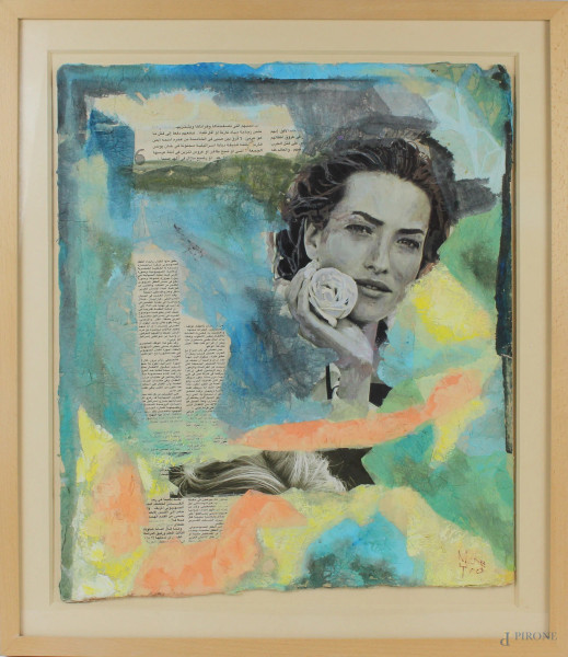 Ritratto di donna, tecnica mista su cartoncino, cm. 52x43,5, firmato, entro cornice.