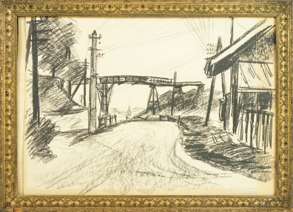 Paesaggio industriale a Kressa Uhlem, carboncino su carta, cm 47,7x34, entro cornice