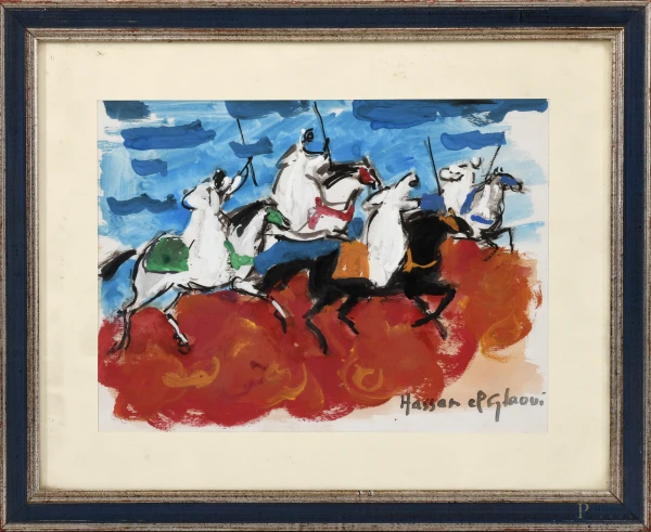 Hassan El Mezouari El Glaoui ( 1923 - 2018), Cavalieri, tecnica mista su carta, firmato in basso a destra, XX secolo, cm 31x39,5, compreso passepartout entro cornice