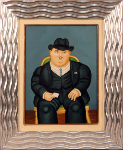 Omaggio a Botero, uomo seduto, dipinto ad olio su tela, cm. 40x30, entro cornice.