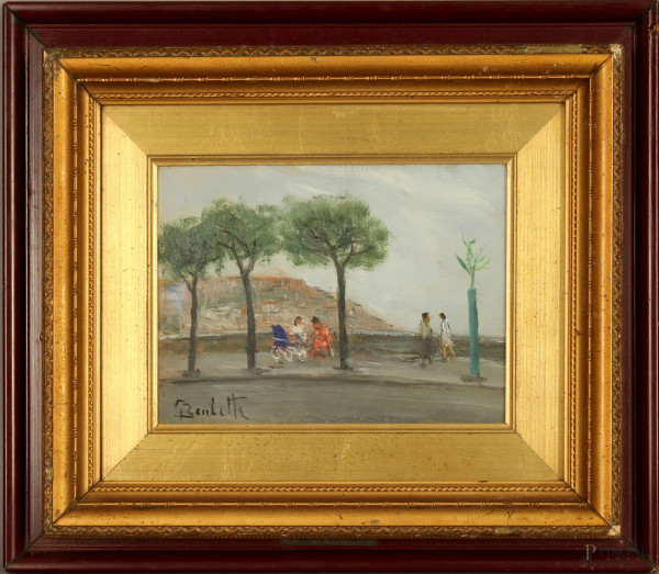 Paesaggio con figure, olio su tavola, cm. 18x24, firmato entro cornice.