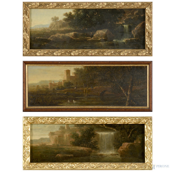 Lotto di tre scorci fluviali, XIX secolo, olio su tavoletta, cm 12x33 entro cornice