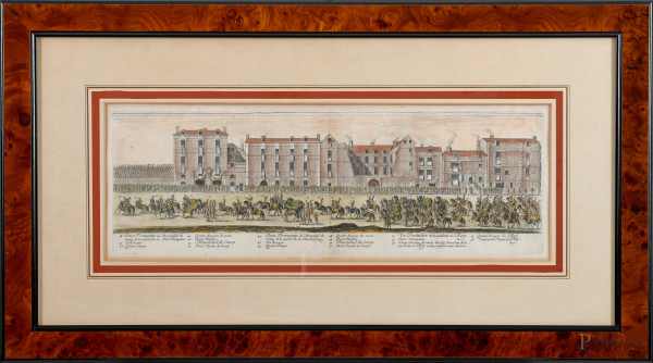 La parata, XX secolo, incisione a colori, cm 37x73,5 compreso passepartout entro cornice (segni di piegatura, ondulazioni, segni di umidità)
