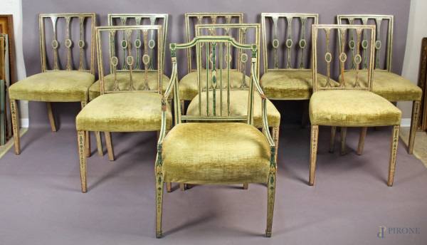 Lotto composto da otto sedie ed una poltroncina in legno laccato e dipinto, sedile in velluto, XIX secolo, (quattro del XX secolo).