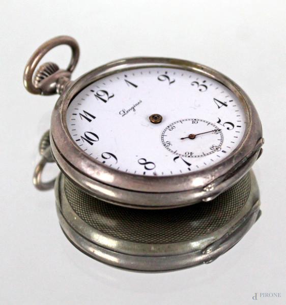 Longines, orologio da tasca in argento, diametro cm 4,2, (da revisionare, mancanti lancette)