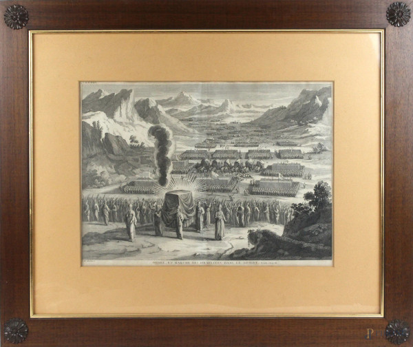 Ordre, et marche des israélites dans le désert, incisione, cm. 32x44, XVIII secolo, entro cornice, (piegature sulla carta).