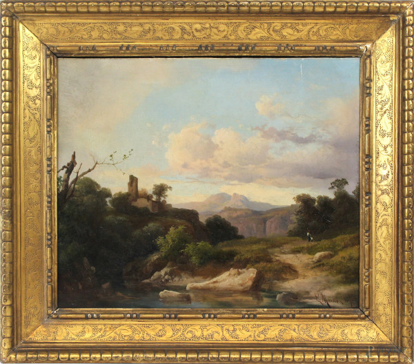Henry Marko - Paesaggio fluviale con ruderi e figure, olio su tavola, cm 29x36, entro cornice.