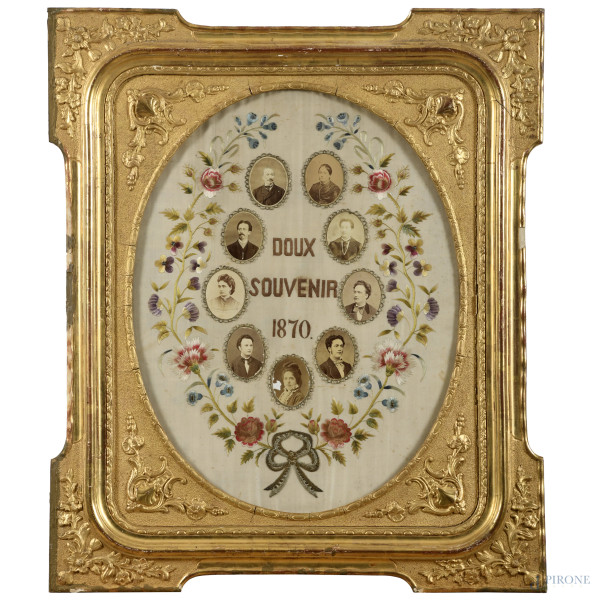 "Doux souvenir 1870", stampe fotografiche su tessuto ricamato a motivi floreali, cm 52x40, entro cornice, (segni di usura, lacerazioni, difetti)