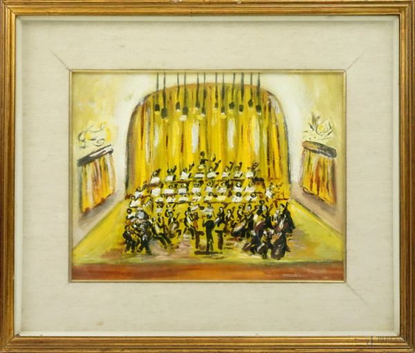 L'orchestra, olio su cartone telato, cm 24x30, XX secolo, entro cornice.