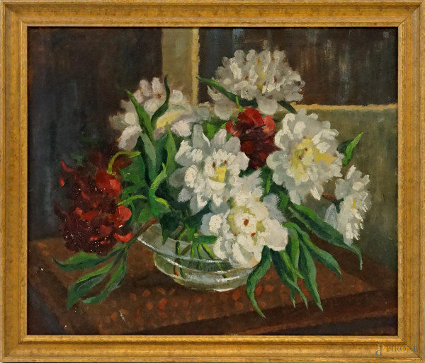 Vaso con fiori, olio su tela, cm 55x64, XX secolo, entro cornice.
