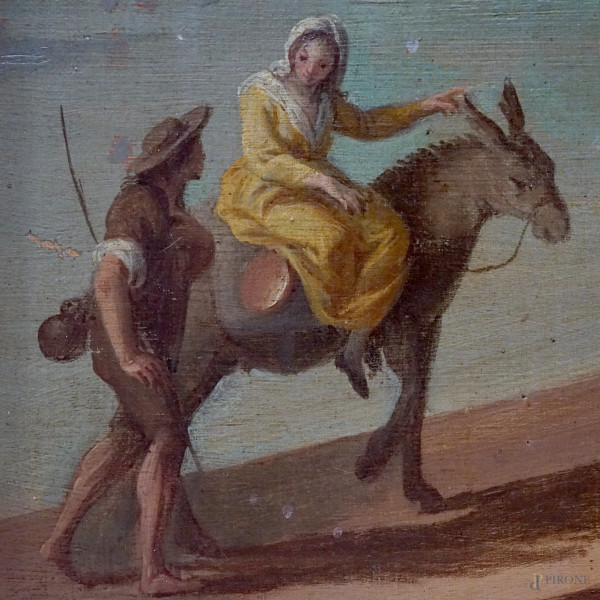 Pittore attivo alla fine del XVIII secolo, Paesaggio con ponte e viandanti, olio su tela, cm 110x...
