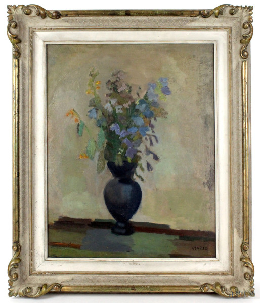 Vaso con fiori, olio su tavola, cm 50x39, firmato, entro cornice