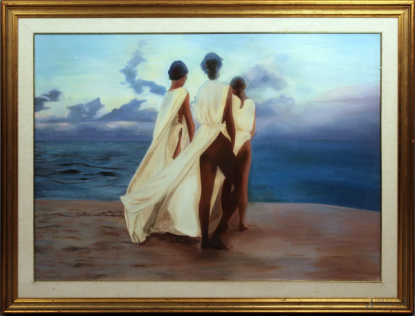Donne sulla spiaggia, olio su tela, cm 78x108, firmato, entro cornice.