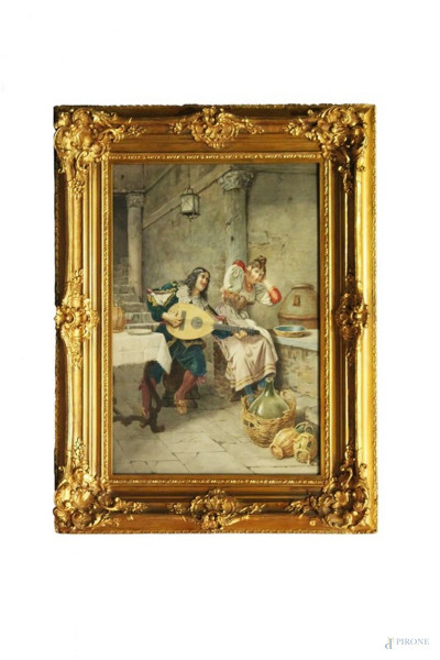 Belisario Gioja , Interno di taverna con suonatore di mandolino e fanciulla, acquarello su carta, cm 54 x 37, entro cornice.