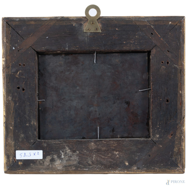 Coppia di rovine con figure, XVII secolo, olio su rame, cm 12x15,5, entro cornice