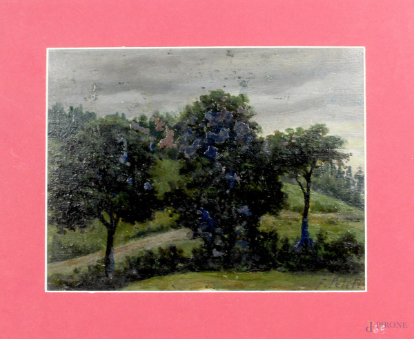 Paesaggio con alberi, olio su cartoncino, cm. 18x25,5, a firma F. Petiti.