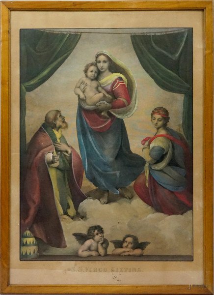 Da Raffaello Sanzio, S.S. Virgo Sixtina, stampa acquarellata, fine XIX secolo, cm 80,5x56,5, in cornice