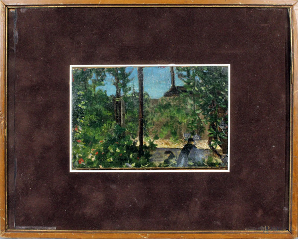 Scorcio di parco con figure, olio su tela, cm. 9x14, firmato M. De Gregorio.