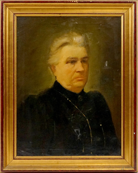 Ritratto d'anziana, olio su tela, cm 57x43, inizi XX secolo, entro cornice, (difetti sulla tela).