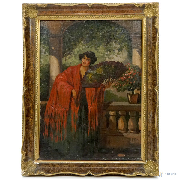 Nobildonna con ventaglio, olio su tela, cm 40x29,5, firmato Ettore Tito, entro cornice, (difetti).