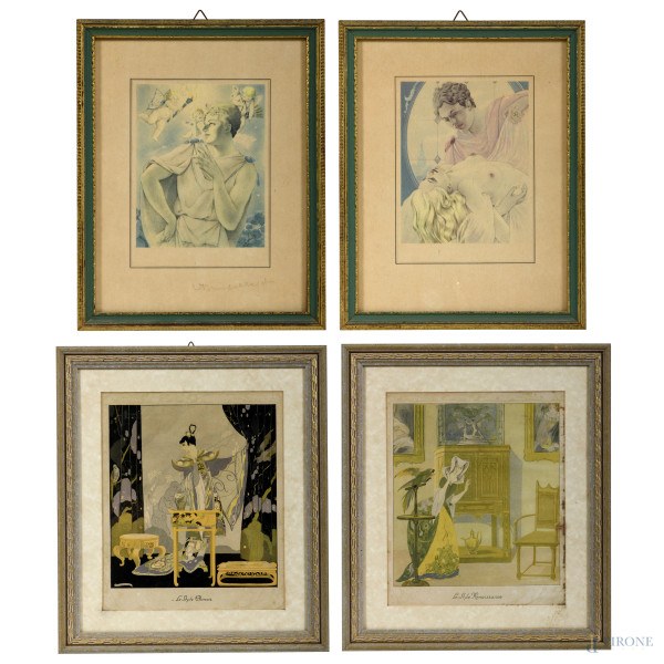 Lotto di quattro stampe di ispirazione Liberty, XX secolo, misure massime cm 28,5x24,5 compreso passepartout , (tracce di umidità, foxing, difetti)