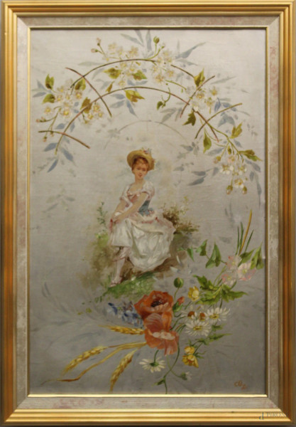 Fanciulla, olio su tela, cm. 49x75,siglato e datato 1905, entro cornice.