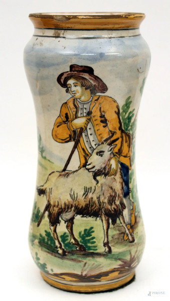 Albarello in maiolica dipinta a decoro di pastorello, Cstelli XVIII sec, h. 23 cm.