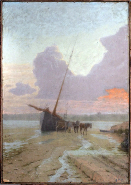 Spiaggia con imbarcazione e cavalli, pastelli su cartone cm 65x40, firmato.
