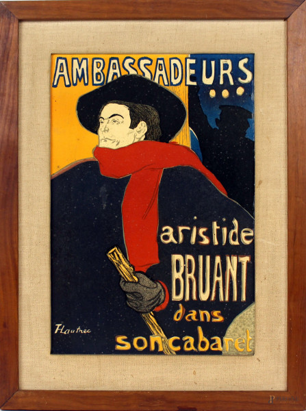 Da Henri de Toulouse Lautrec (1864-1901), Ambassadeurs Aristide Bruant dans son cabaret, riproduzione a stampa, cm 29x19, entro cornice.