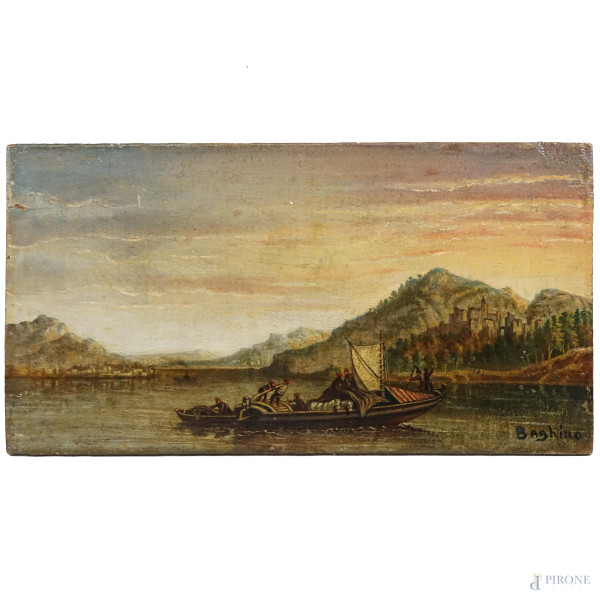 Pescatori, olio su tavoletta, cm 18,5x35, firmato, (difetti)