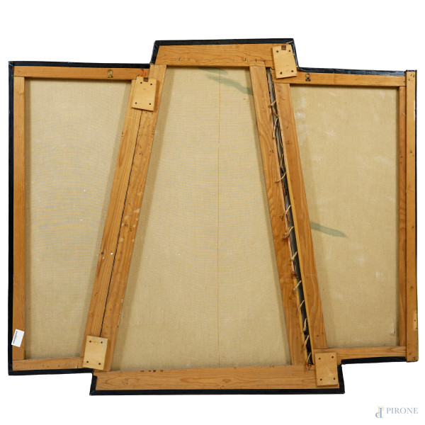 Lavoratori, olio su tela, firmato, cm 123.5x142