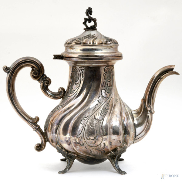 Servizio da the e caffè in argento 800, misura massima cm 22x22, peso totale gr 1260