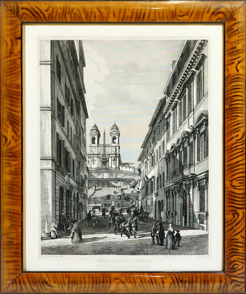 Veduta di via Condotti, da un'incisione di Luigi Rossini (Ravenna, 1790 – Roma, 1857), cm 51x41, entro cornice